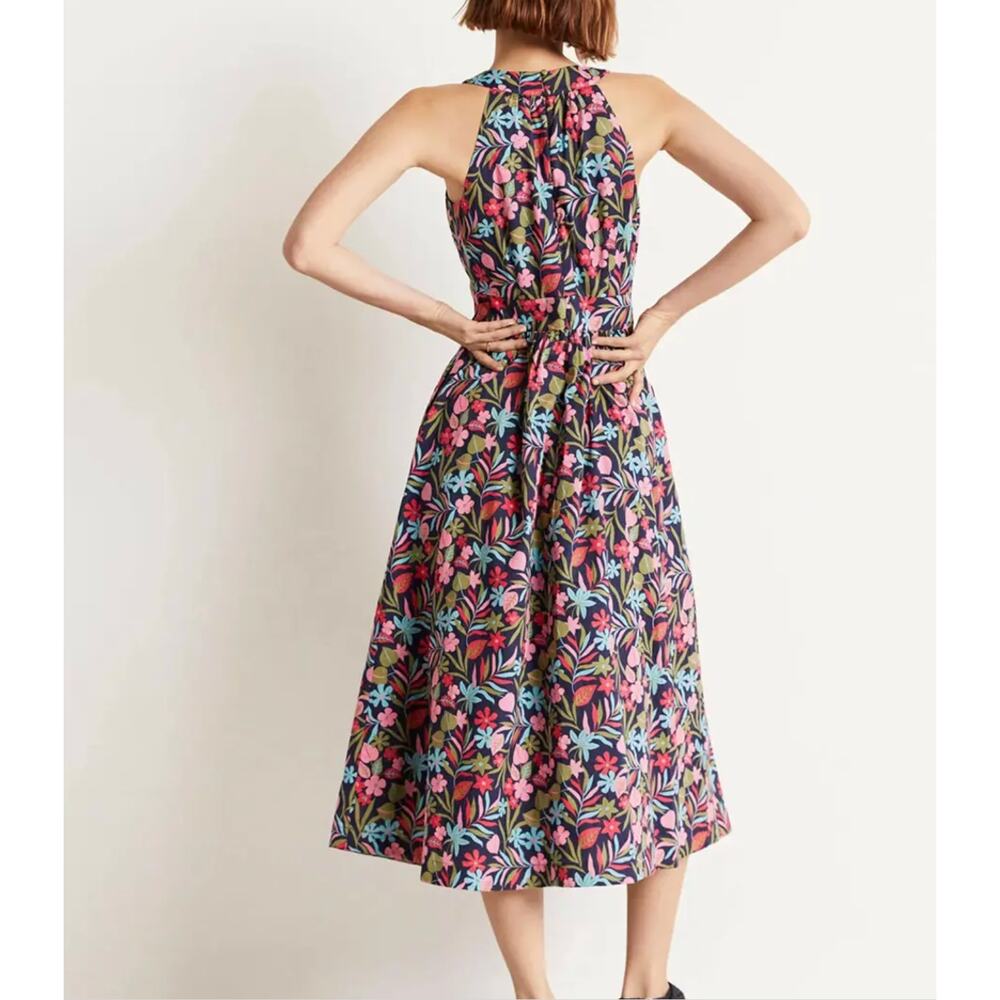 Boden Womens 6 Petite Navy Multi Floral Heidi Halterneck Cotton Midi Dress NEW - Picture 2 of 10